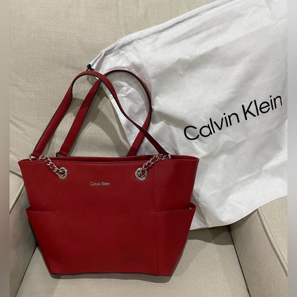 Calvin Klein Handbags - Calvin Klein Hayden red Saffiano leather shoulder bag with silver chain handles